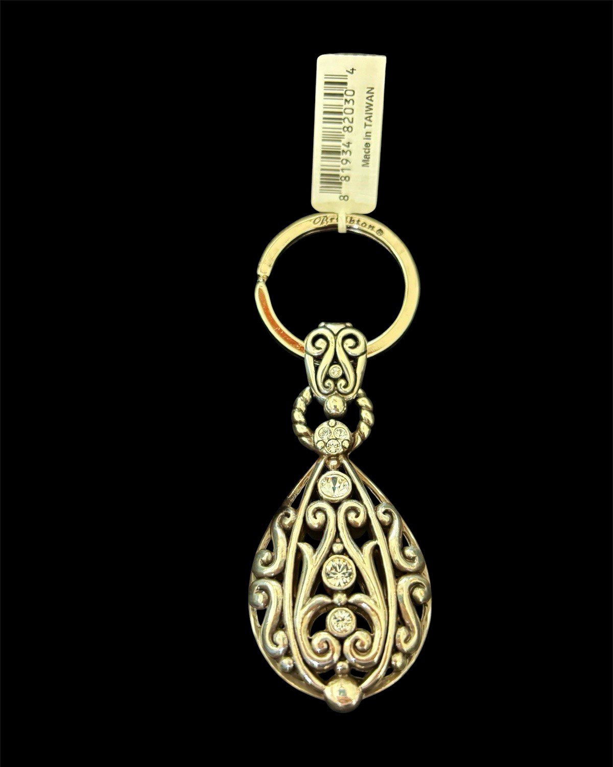 Brighton Silver Tone Metal Teardrop Scroll Key Chain w/ Rhinestone Accents