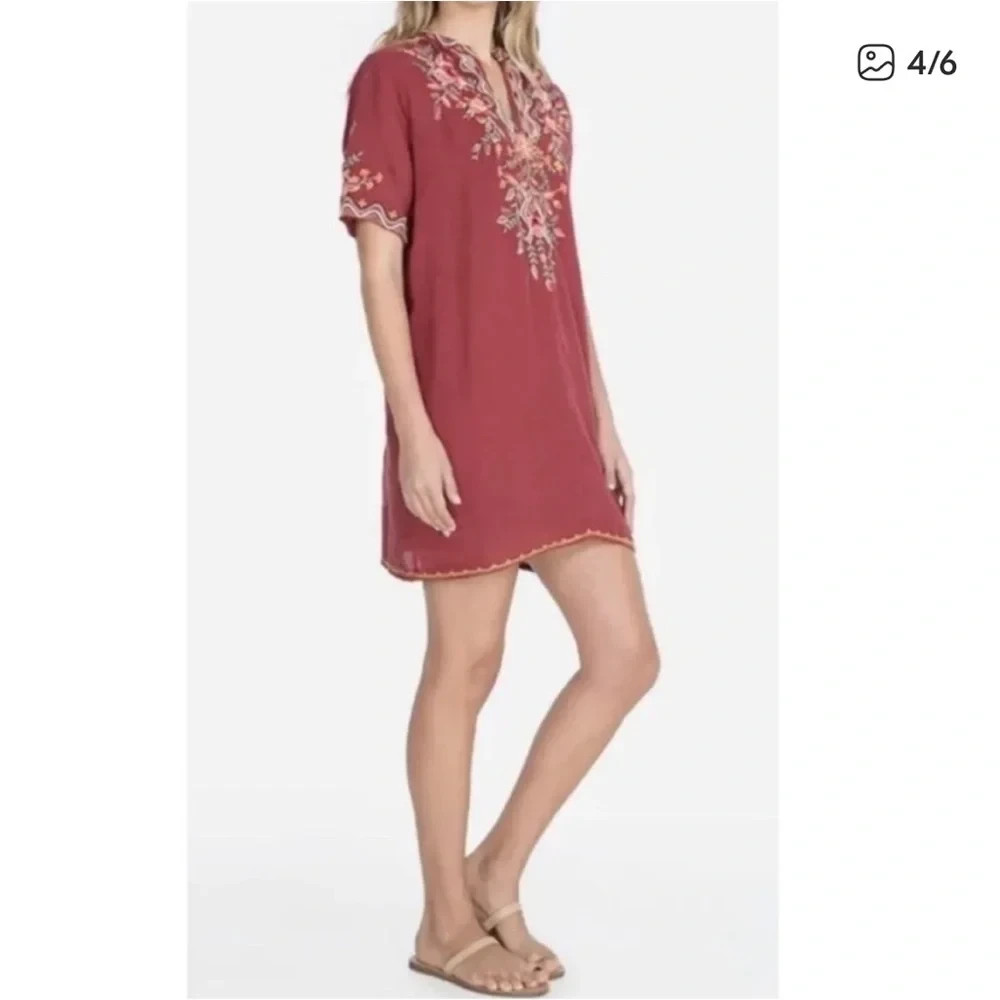 Johnny Was Alise 100% Ramie Embroidered V-Neck Mini Dress in Maroon size:L