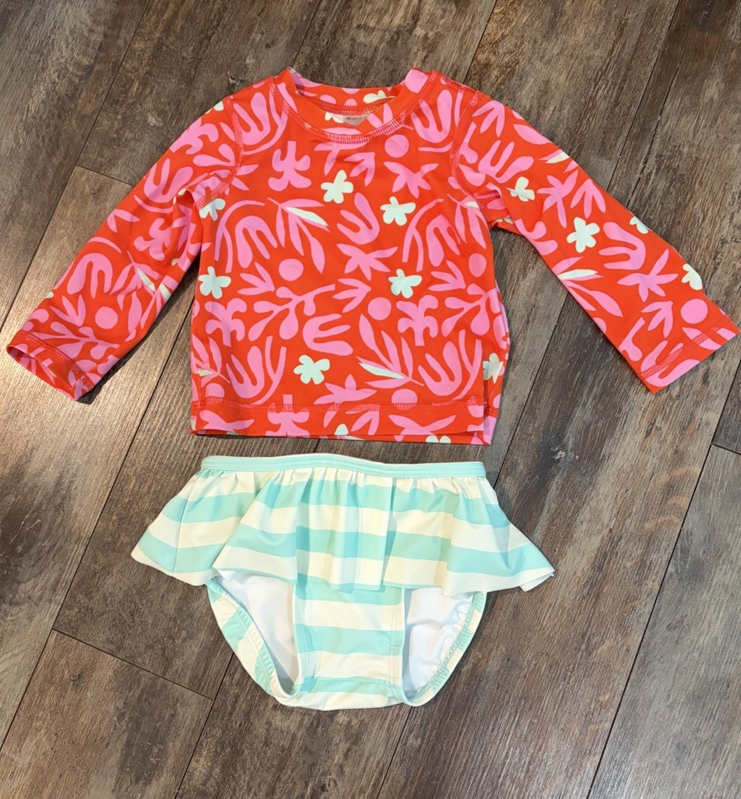 Hanna Andersson Rash Guard 2 pc Swim Set 80 cm Orange Pink Mint Ruffled Bottom