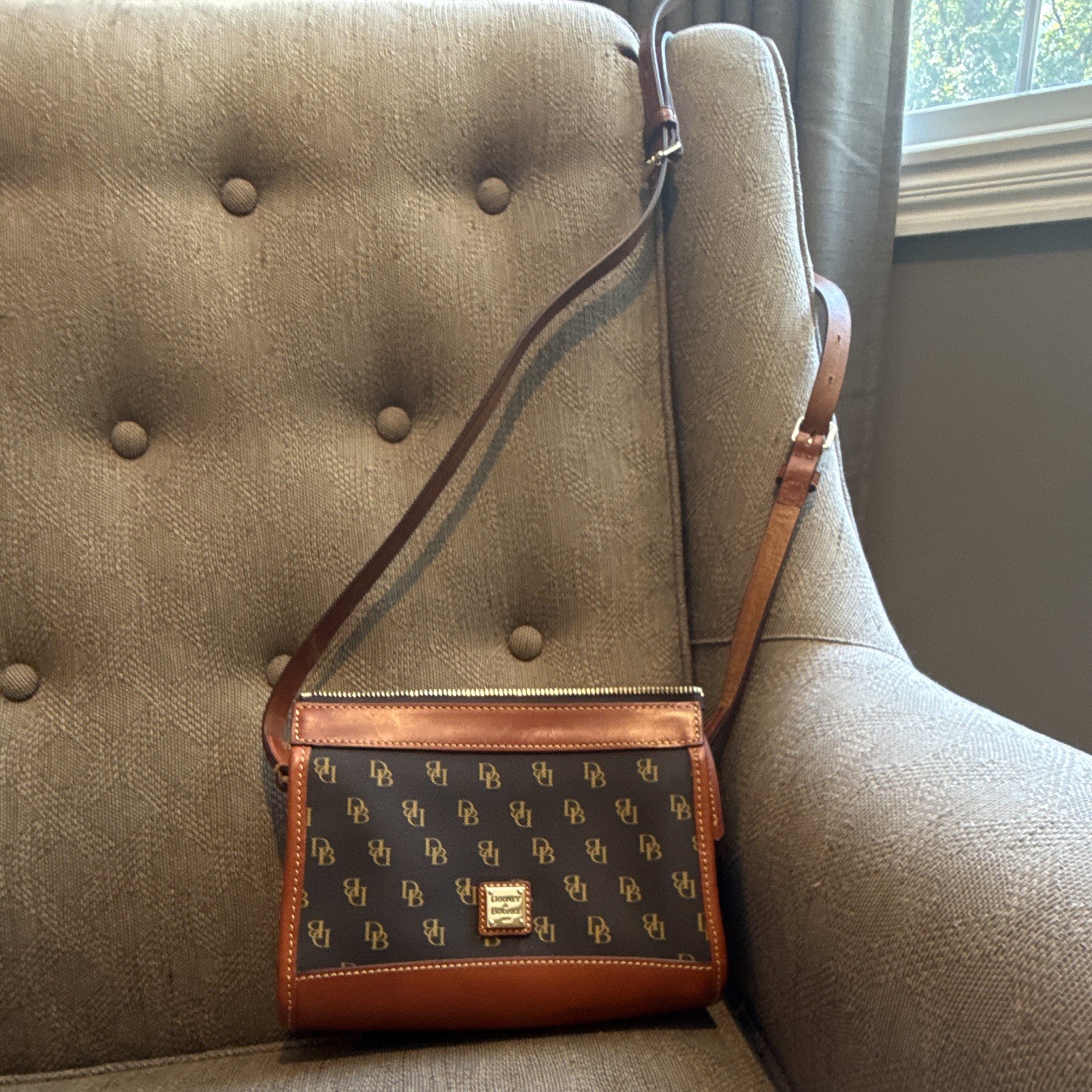 Dooney & Bourke Brown Logo Zip Crossbody, Gold Hardware, Adjustable Strap