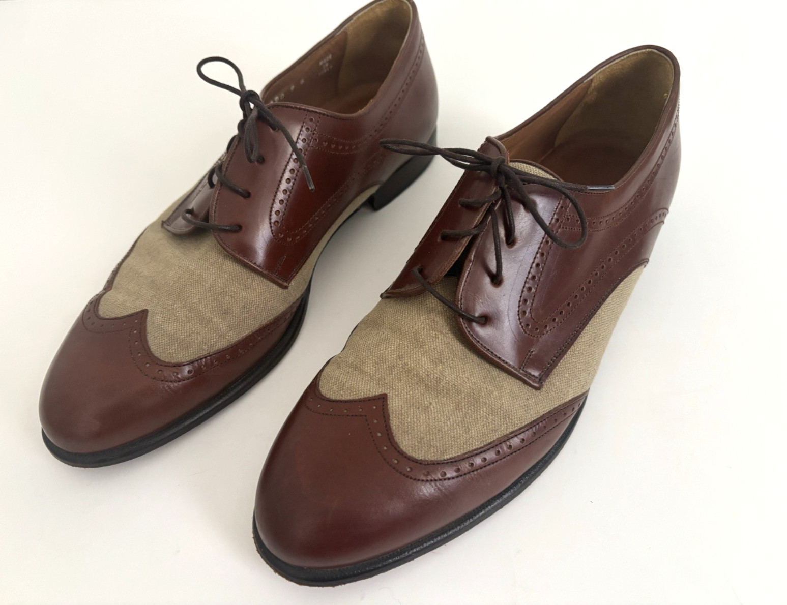 Bostonian Florentine Shoes Size 10 Brown Leather Linen Spectator Wingtip Italy