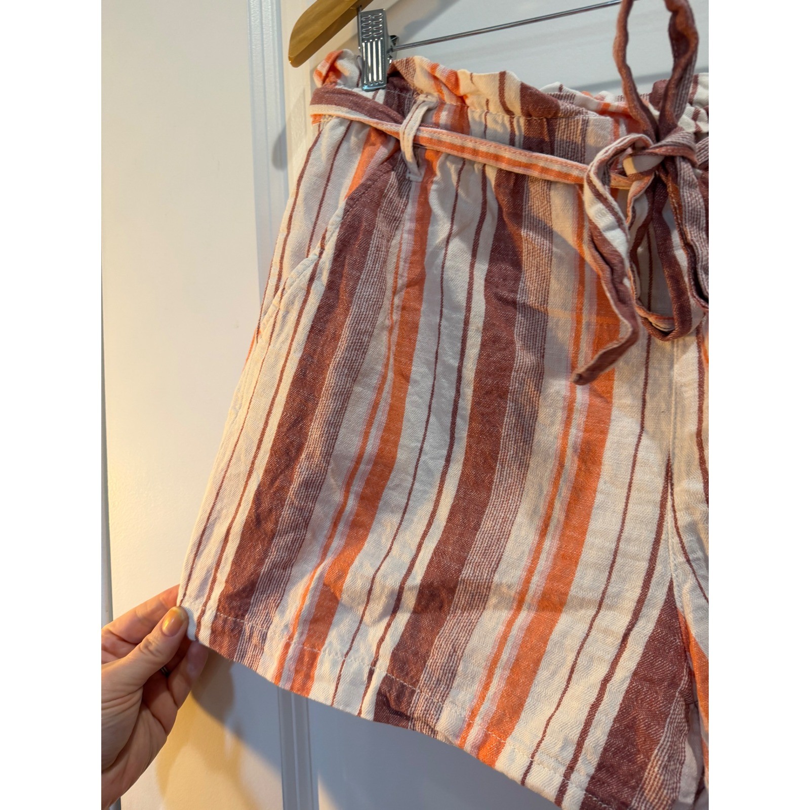 ana A New Approach Striped Linen Blend Paperbag Shorts Orange Burgundy Large