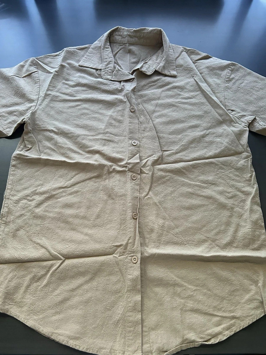 Beige short-sleeve casual shirt, lightweight natural linen fabric, size S.