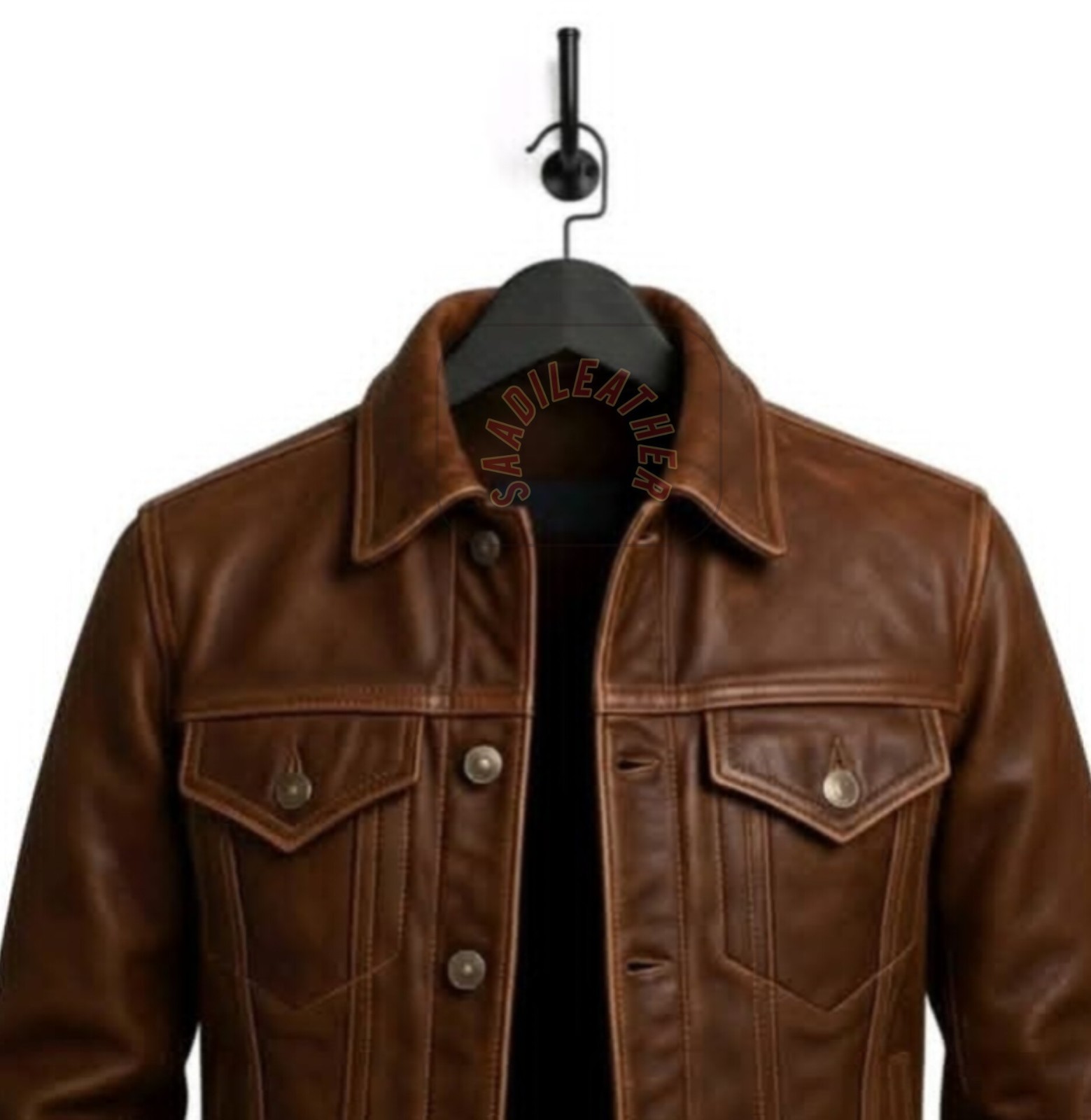 ​Men Brown Leather Trucker Jacket Classic Denim Style Vintage Real Leather Coat