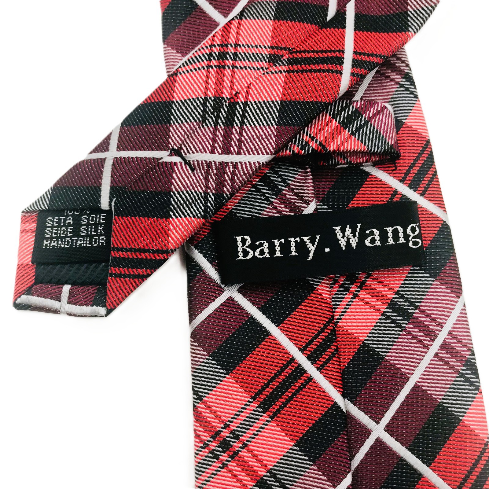 BARRY WANG Hand Tailored 100% Silk Red & Silver Plaid Neck Tie – FREE SHIPPING!