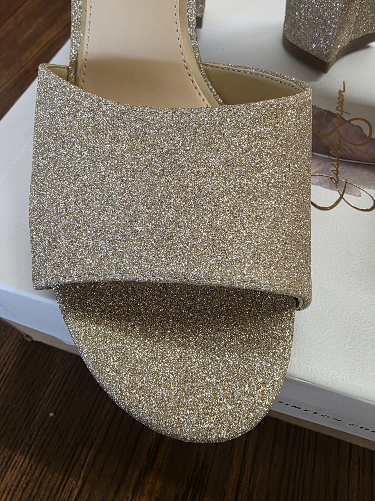 Jessica Simpson Sherron Champagne Glitter Block Heel Sandals Women’s 9M NIB