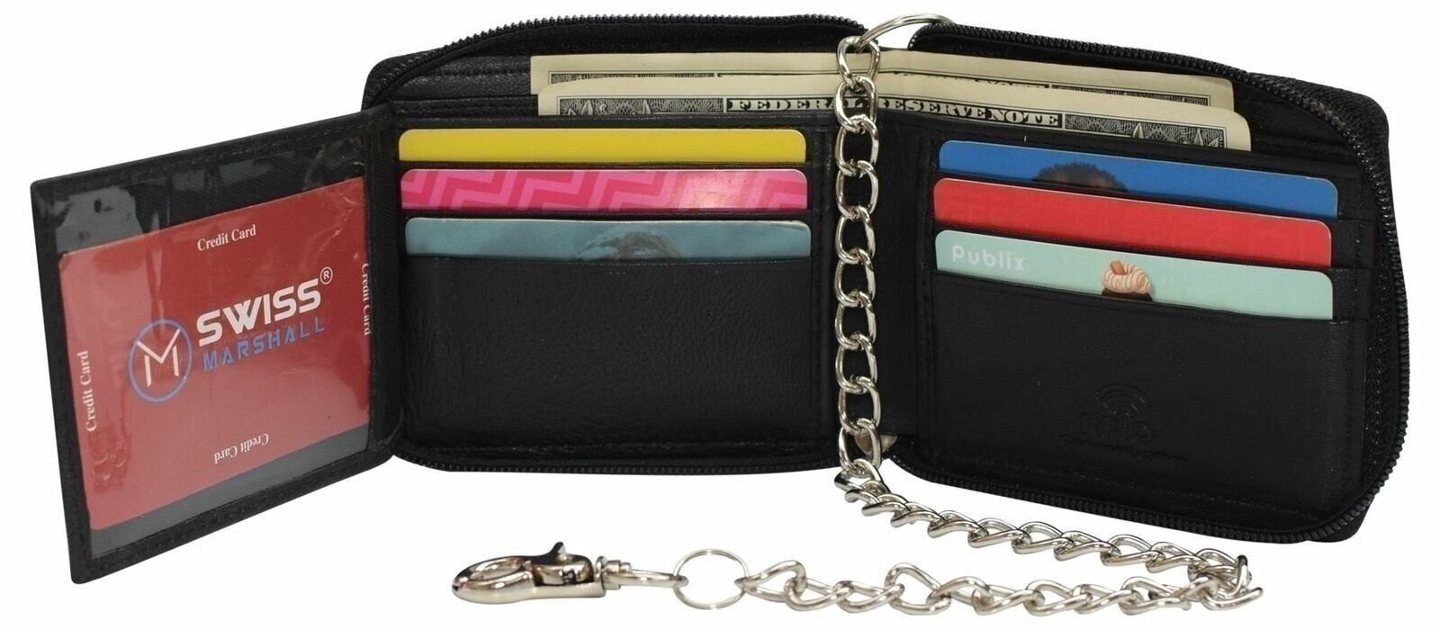 Men’s Zipper RFID Blocking Premium Leather Zip-Around ID Bifold Biker Chain Wall