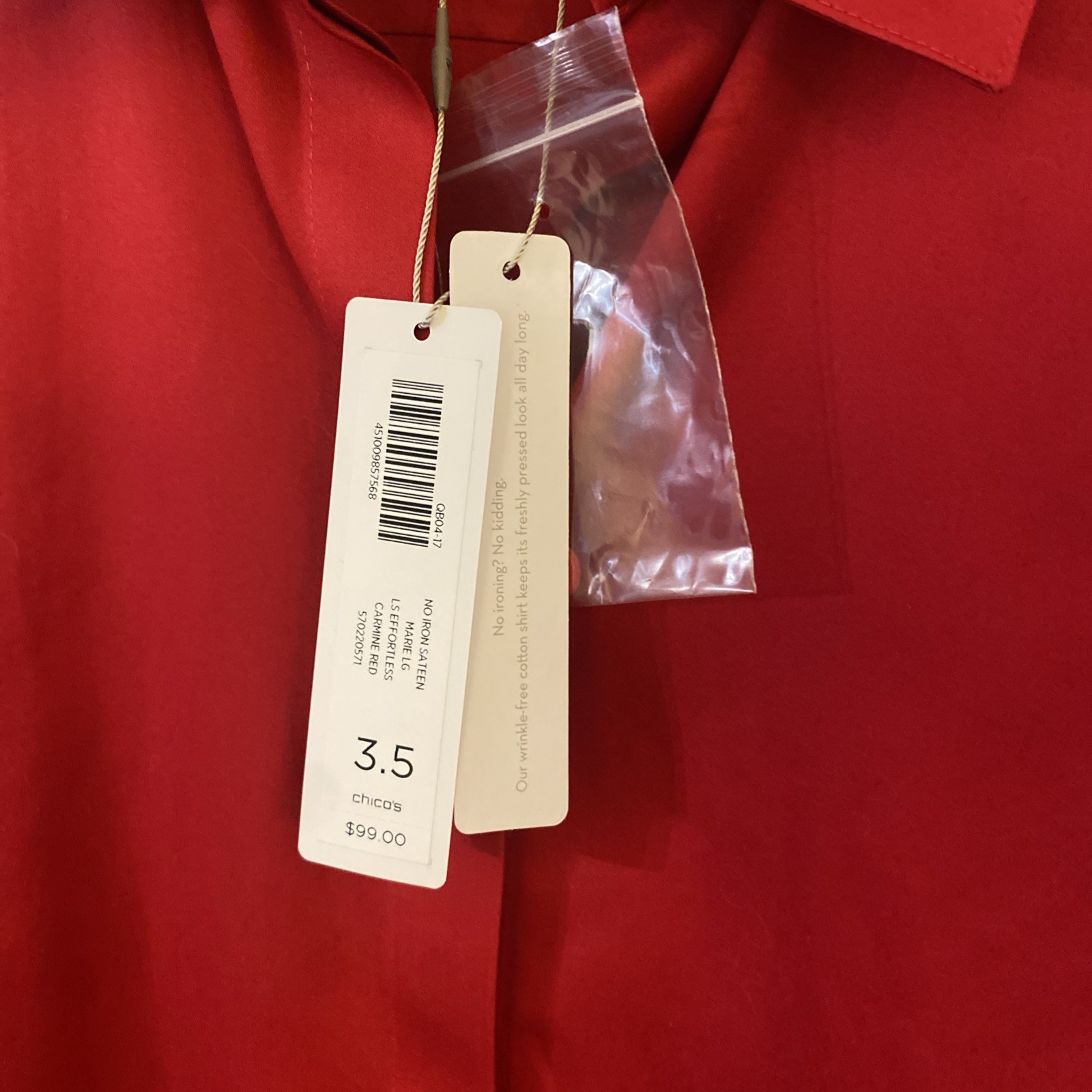 Chicos Shirt Size 3.5 (18) Red 3/4 Sleeve No Iron SateenButton Up Career Office