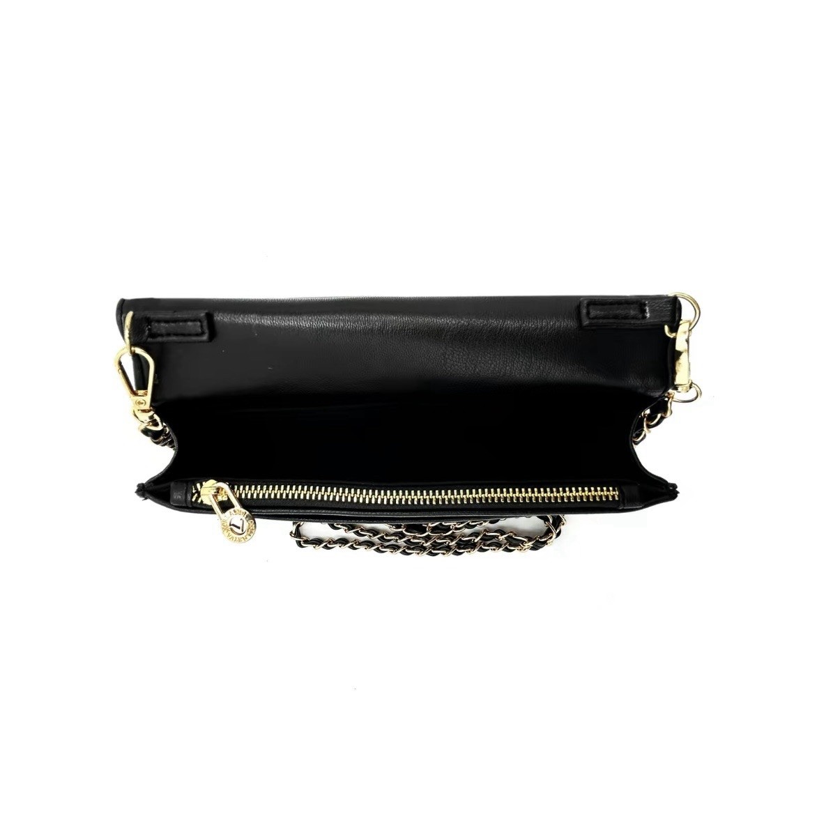 Mario Valentino Black Ruched Crossbody Bag Gold Logo Chain Detachable Strap Zip