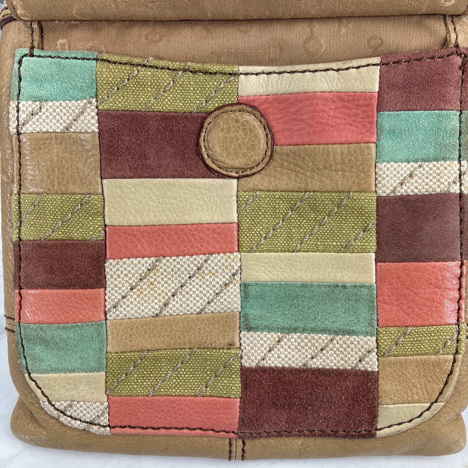 Fossil Maddox Patchwork Colorblock Lt Tan Leather Adj Strap Y2K Crossbody Purse