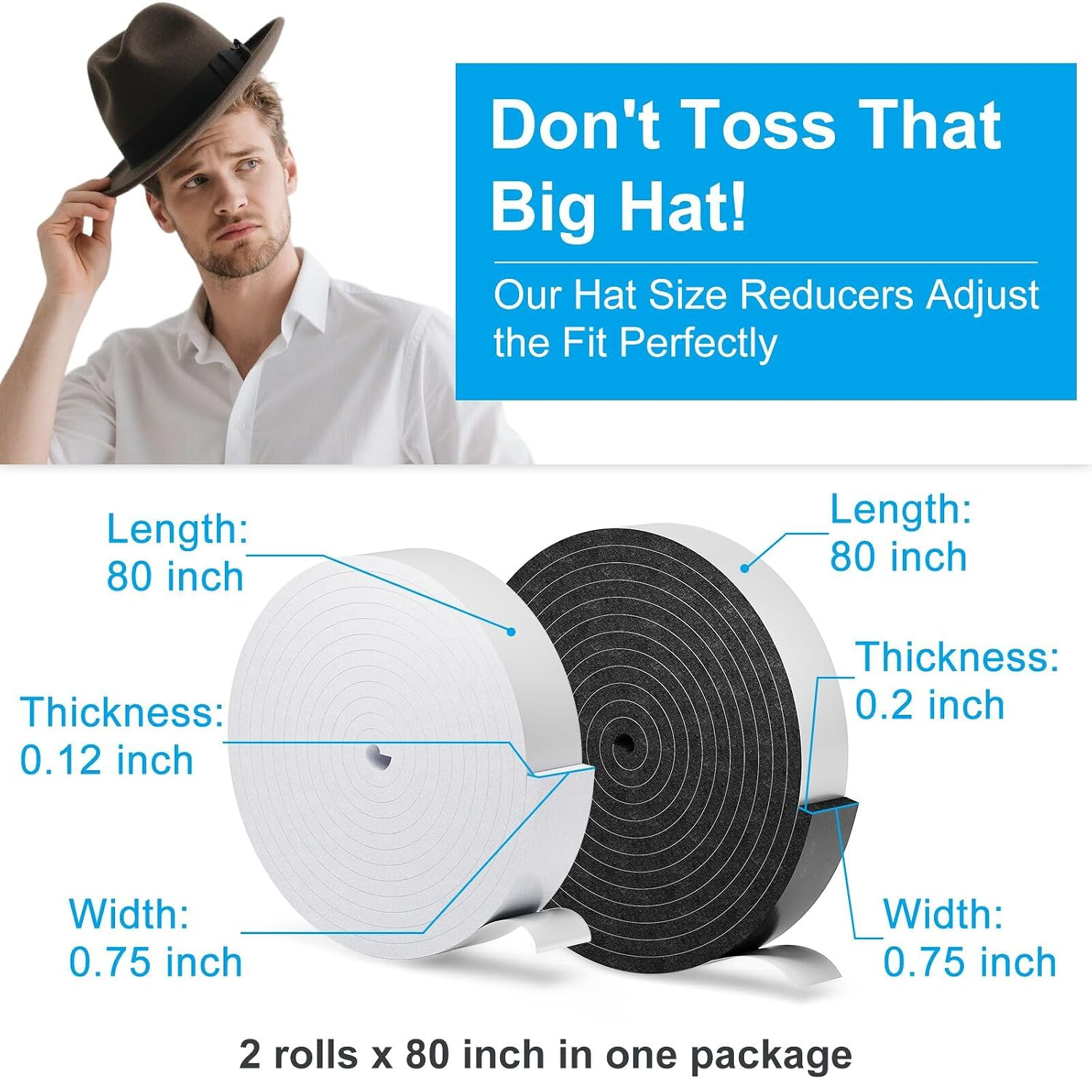2 Pack Hat Size Reducer Tape Roll 80″, Hat Inserts to Make Fit Comfort, Fitted H