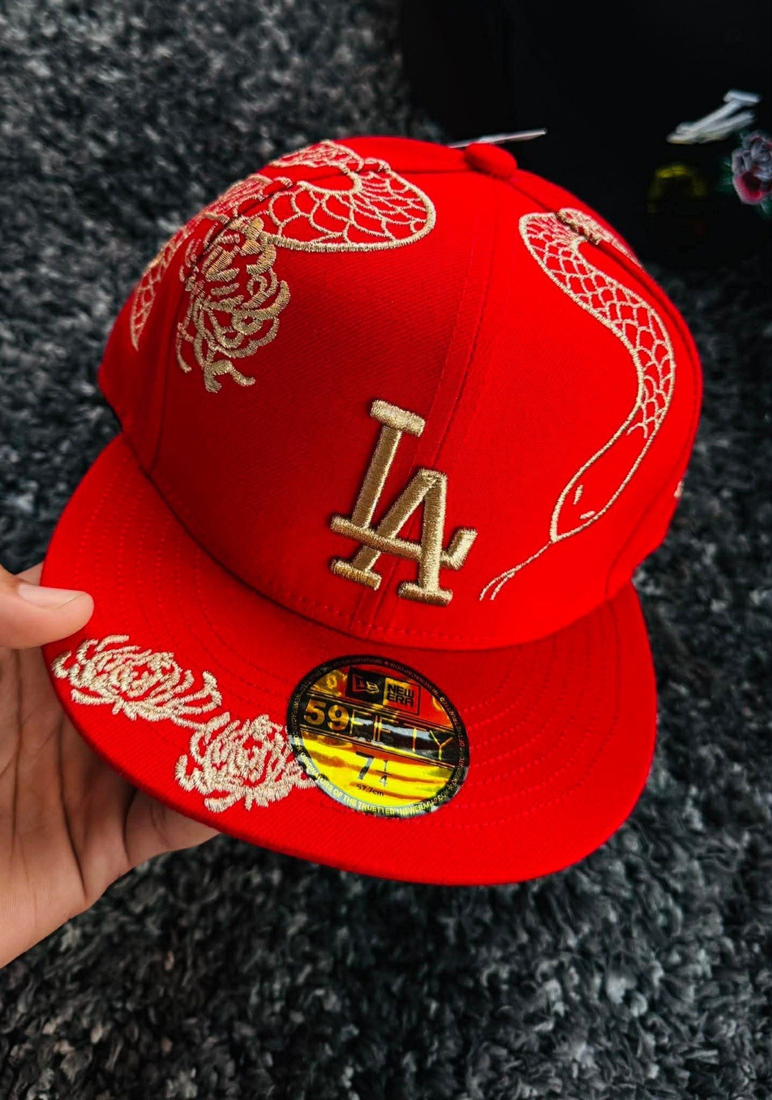 New Era Los Angeles Dodgers LA Fitted Hat 7 3/8 Red Gold Embroidered MLB