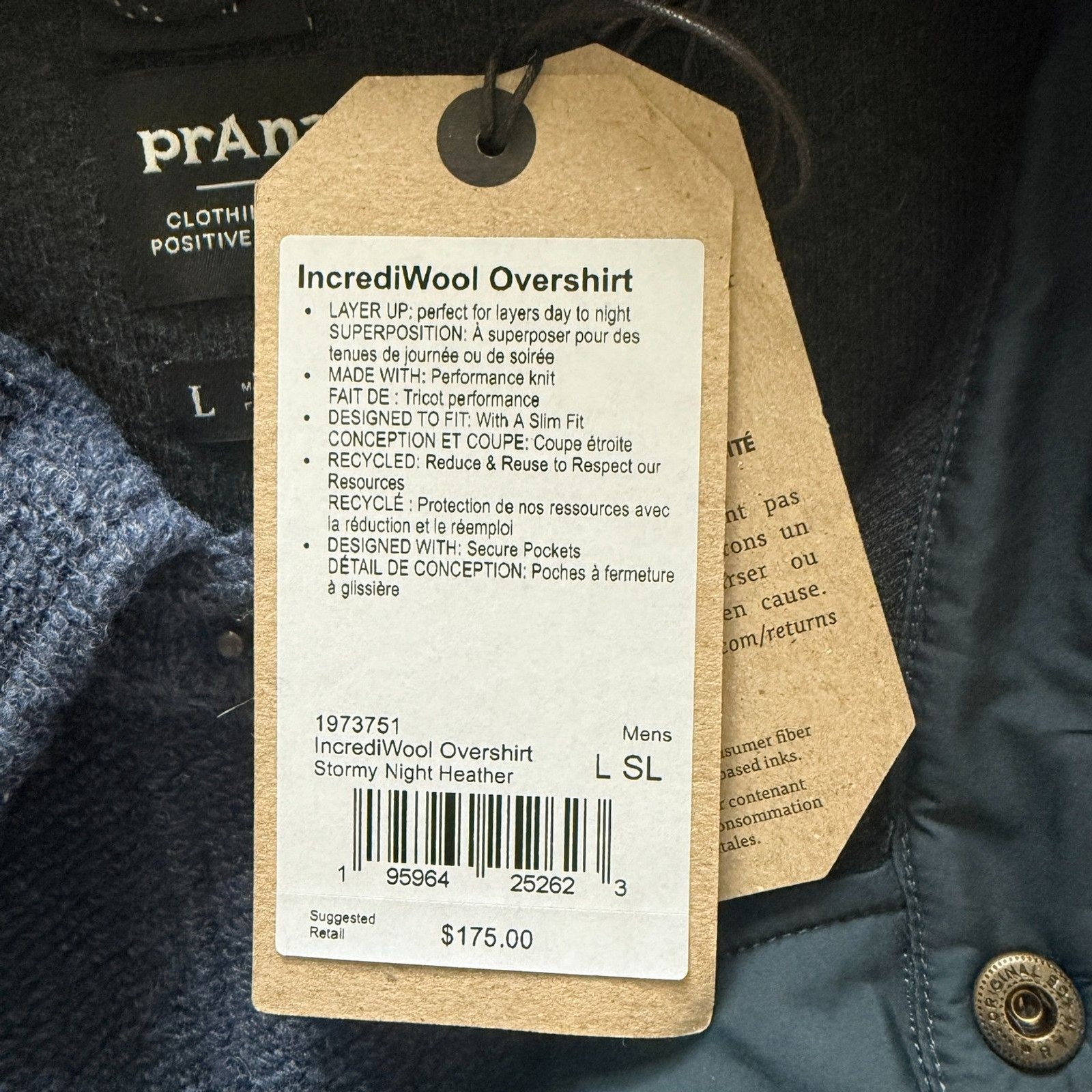 prAna Mens IncrediWool Overshirt Stormy Night Heather Wool Flannel Layer Sz L