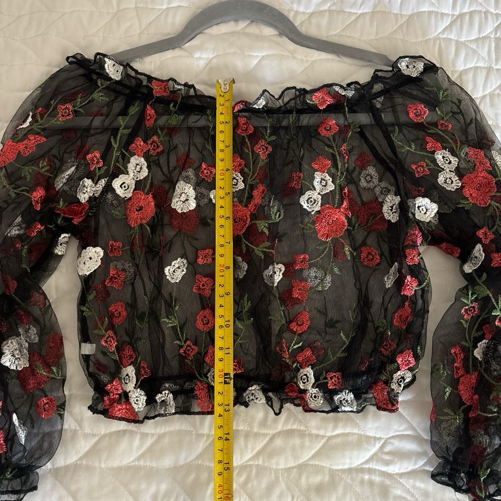 Women’s Black Sheer Mesh Floral Embroidered Square Neck Puff Sleeve Crop Top XL
