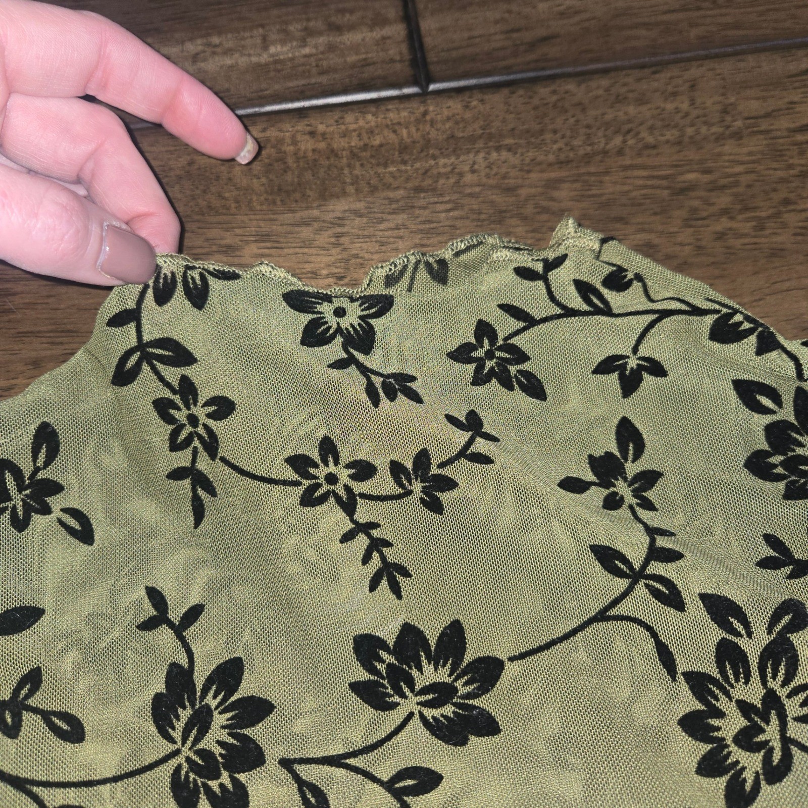 Olive Green Floral Mesh Mock Neck Top with Black Camisole Y2K Fairycore Grunge
