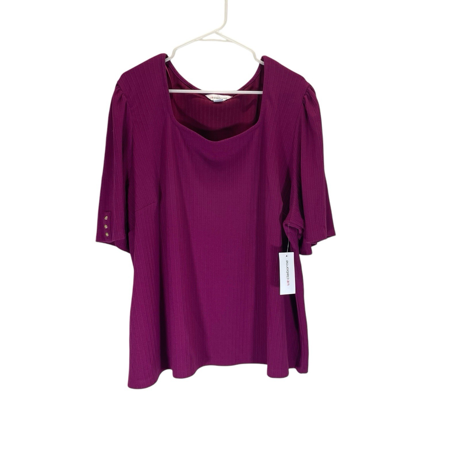 NEW Liz Claiborne Blouse Womens 3X Purple Wine Pleated Square Neck Short Sleeve