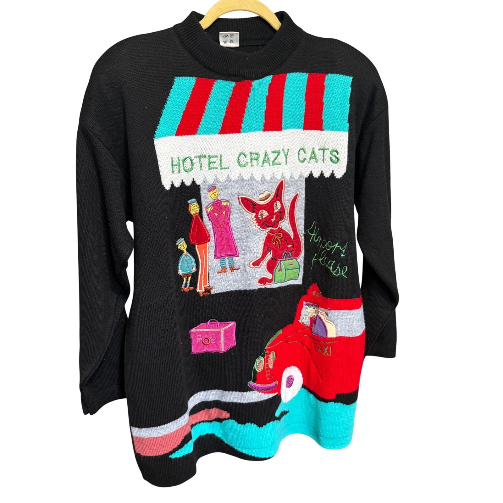 Jolie Moi Sweater Hotel Crazy Cats Vintage Novelty Black XL Excellent Graphic