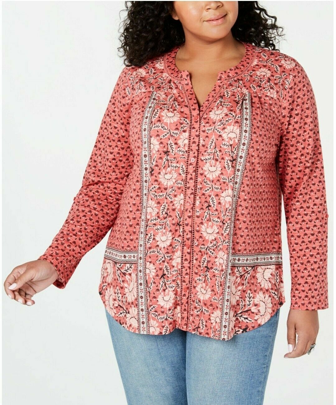 Style&Co Women’s Orange Ladder Trim Roll Tab Sleeve Top Plus Sizes 0X/1X/2X/3X
