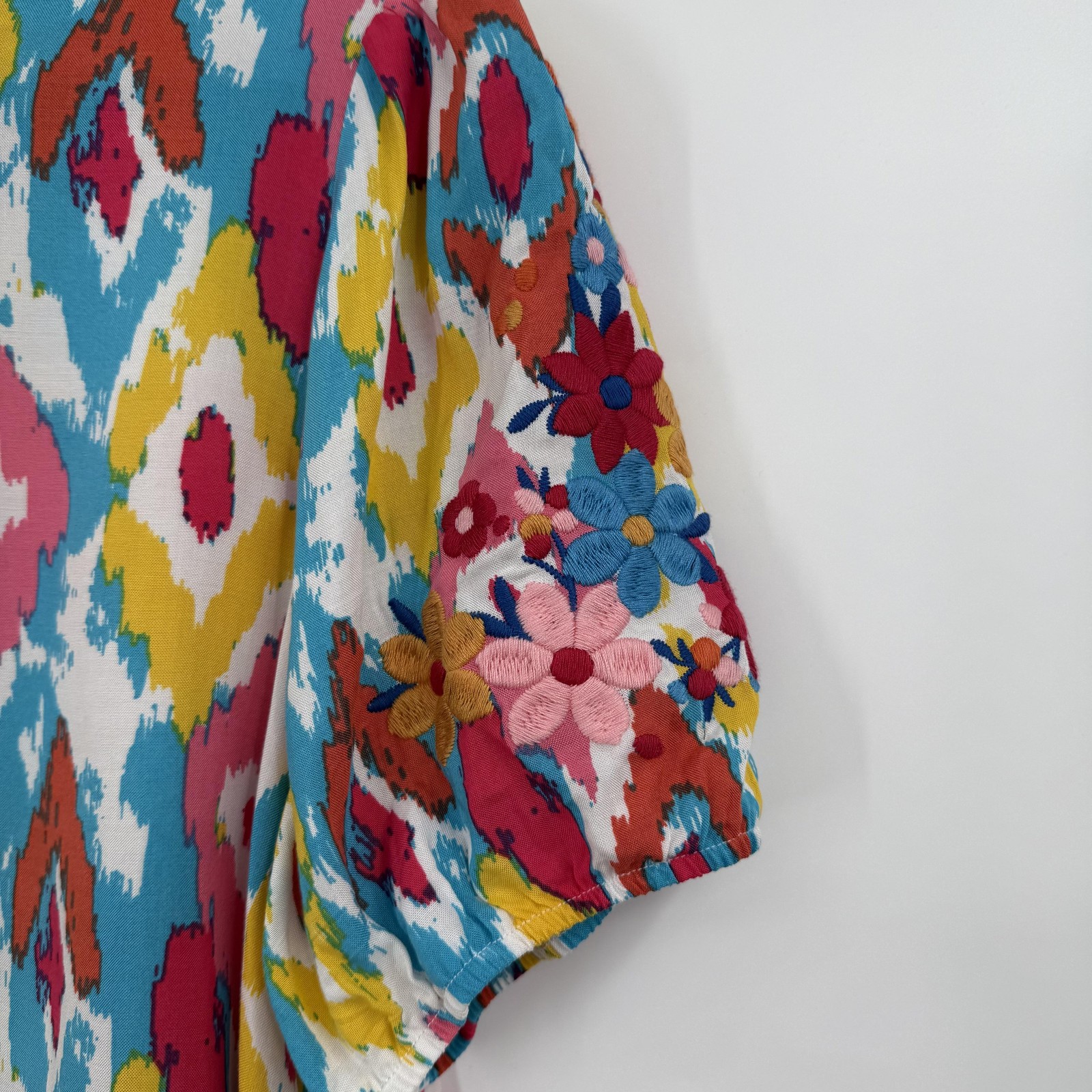 Savanna Jane Blouse Womens Large Multicolor Tunic Puff Sleeve Embroidered Floral