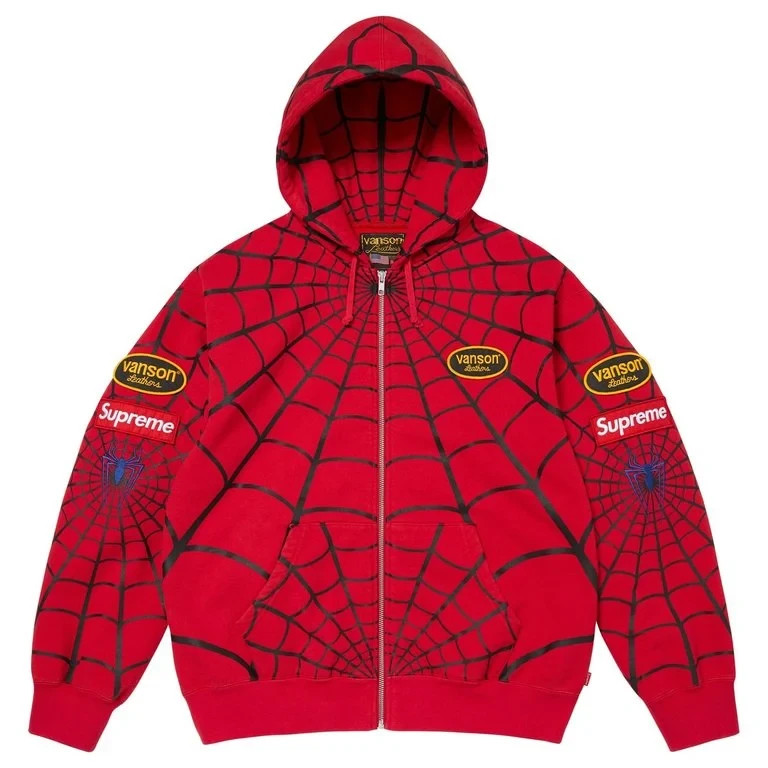 831619 Supreme x Vanson Leathers Spider-Man Zip Up Hooded Sweatshirt Red