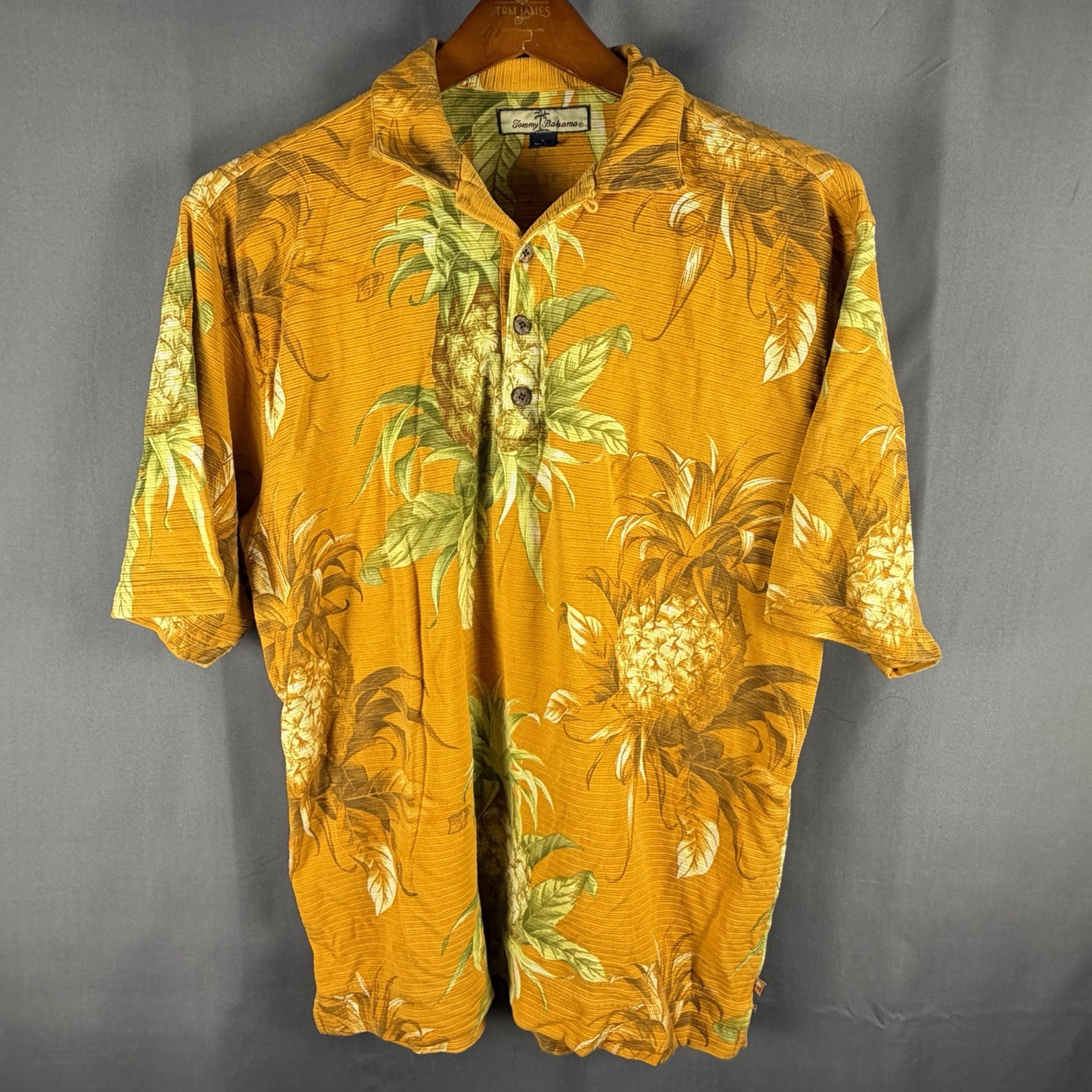 Tommy Bahama Hawaiian Shirt Mens Large Yellow Floral Pineapple Silk Blend Beach
