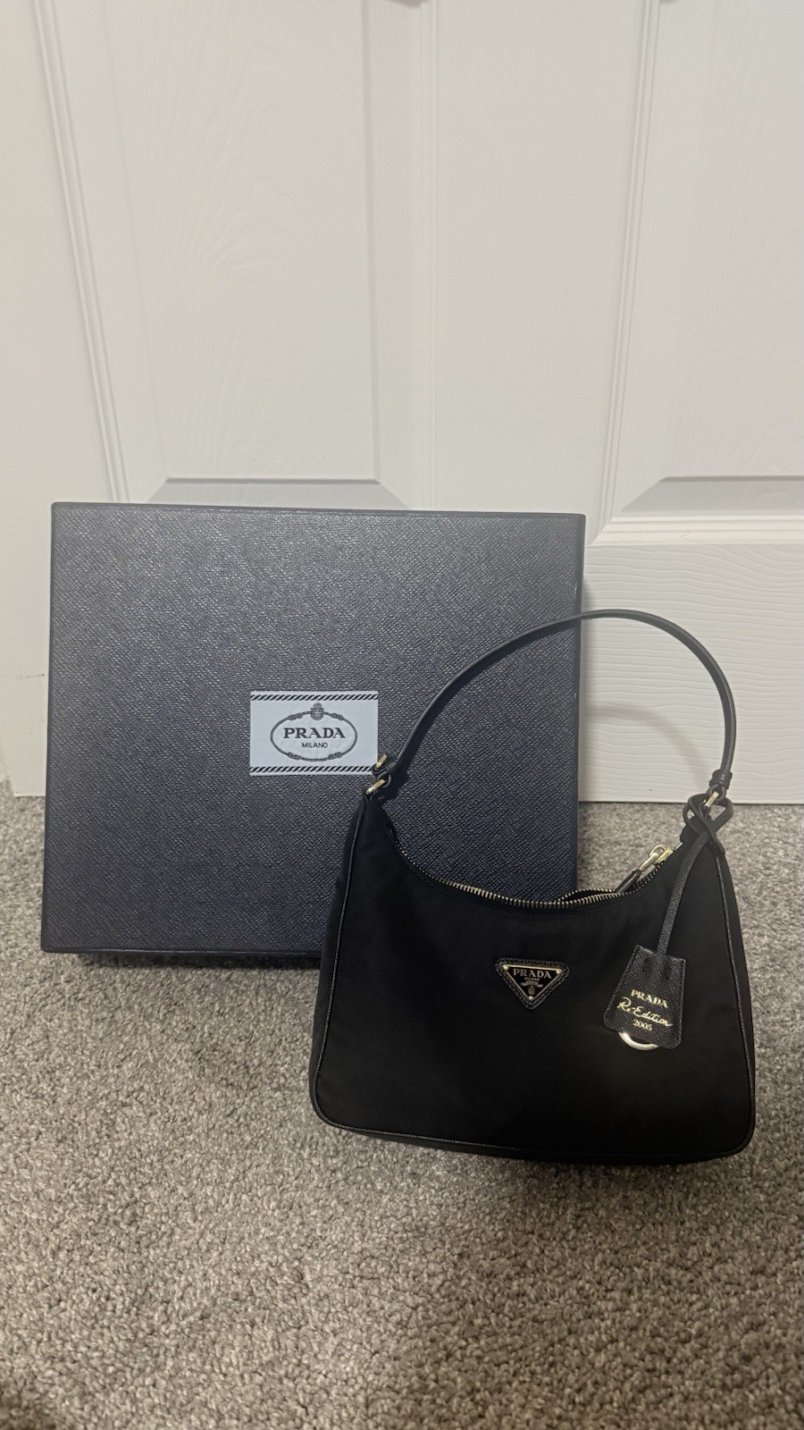 PRADA Re-Edition Black Shoulder Bag Zip Top Gold Hardware Dust Bag Card