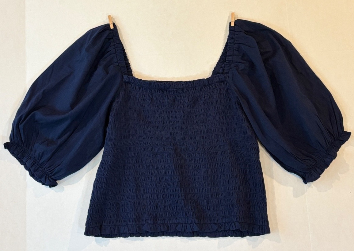LOFT Navy Blue Smocked Puff Sleeve Blouse Women’s Large L Peplum Square Neck Top