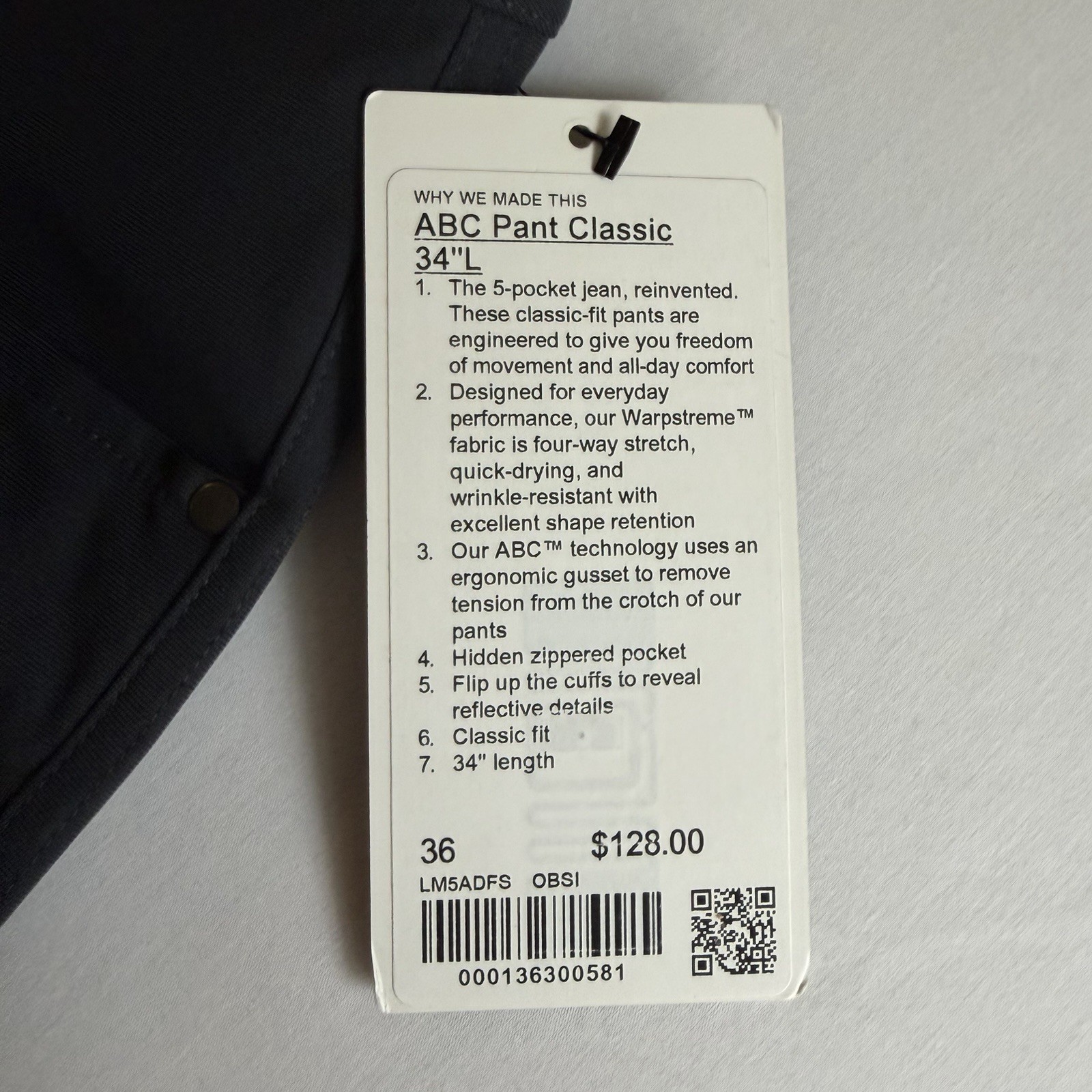 Lululemon ABC Pants Men 36×34 Obsidian Classic Fit Warpstreme Performance