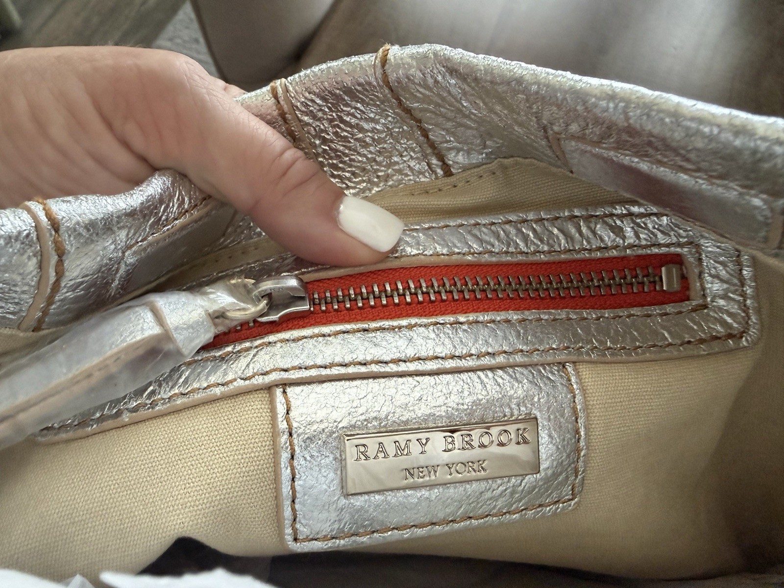 $475 RAMY BROOK Leather Silver Lame’ Large Sachel Messenger Bag Fringe Purse