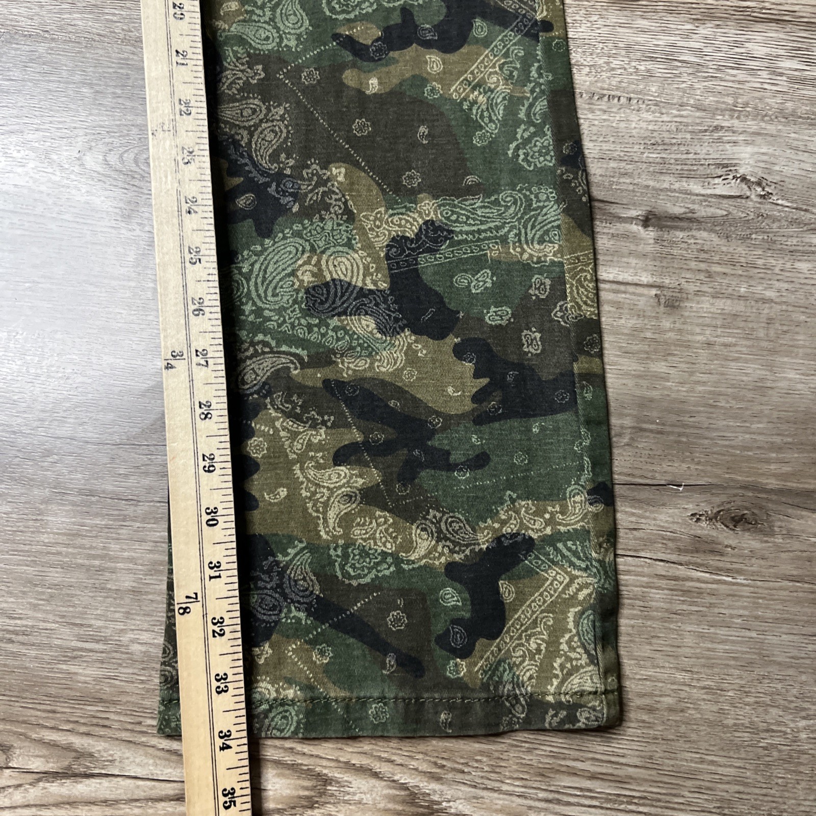 BoohooMan Stacked Pants Mens 32 Camo Bandana Print Cargo Pocket Flare Leg NWT