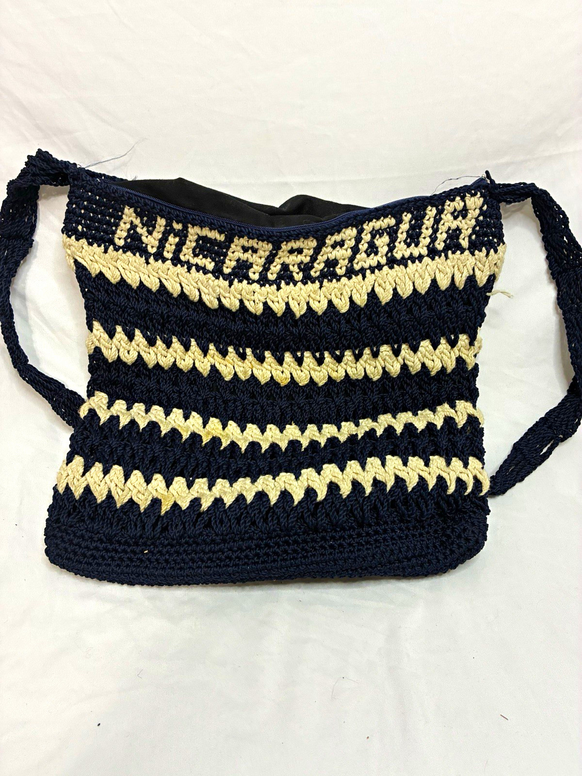 Women’s Nicaragua Navy/Beige Striped Crochet Shoulder Bag, Shoulder Strap