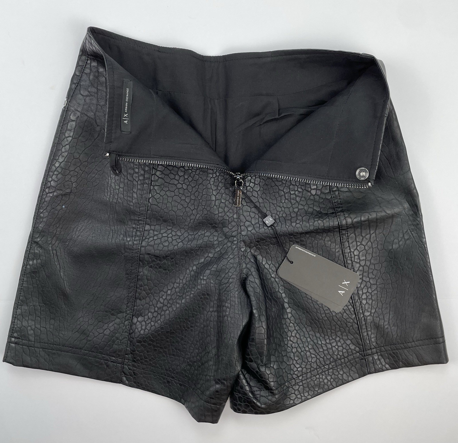 NWT Armani Exchange Eco Leather High Rise Shorts Black Textured Moto Goth Size 2