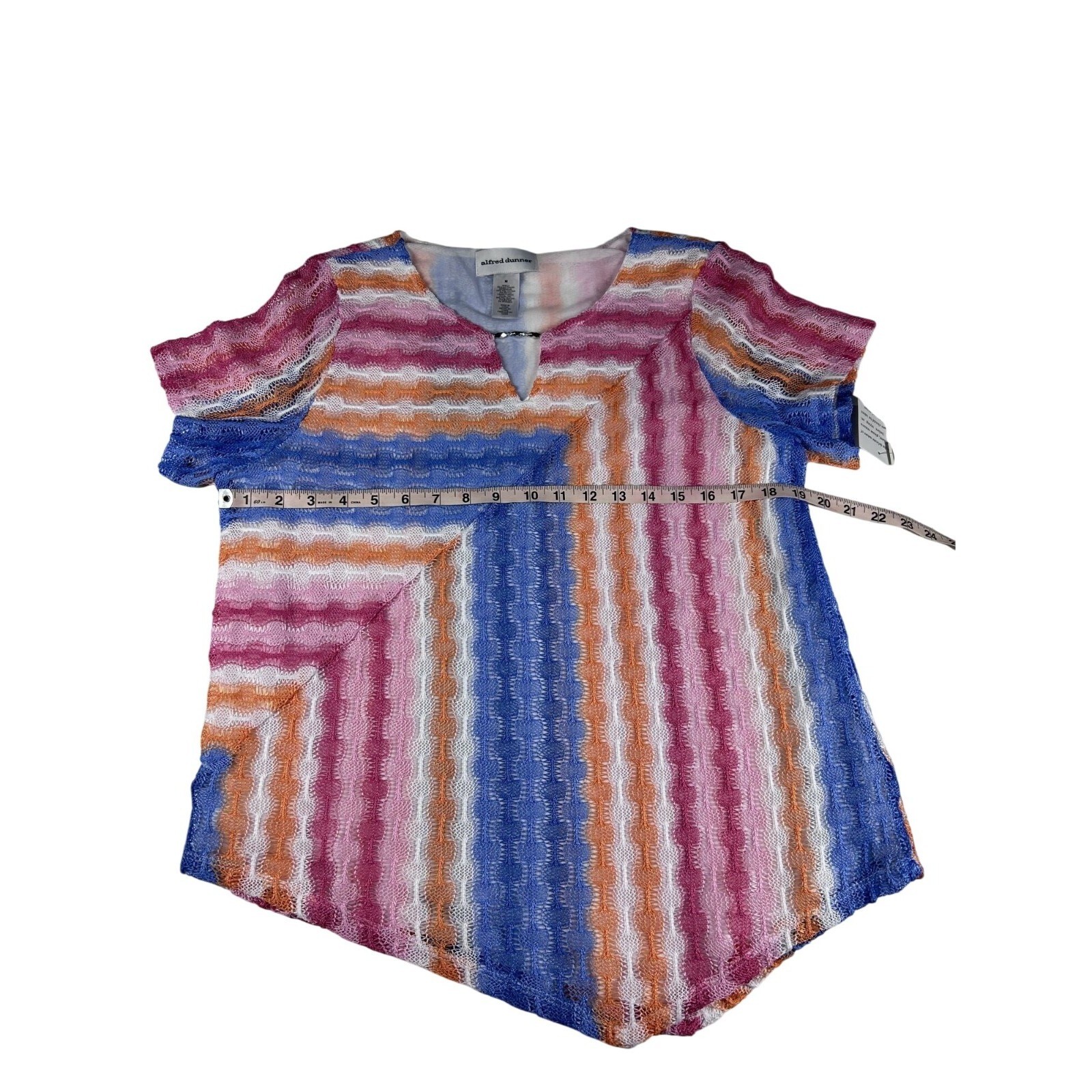 Alfred Dunner Paradise Island Striped Mesh Top Split Neck Size Medium NWT