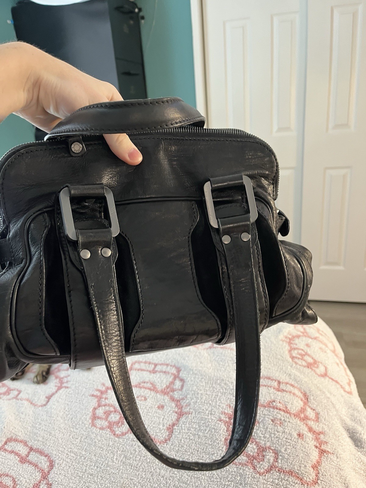 Jimmy Choo Black Satchel Top Handle Zip Medium Silver Hardware Detachable Strap