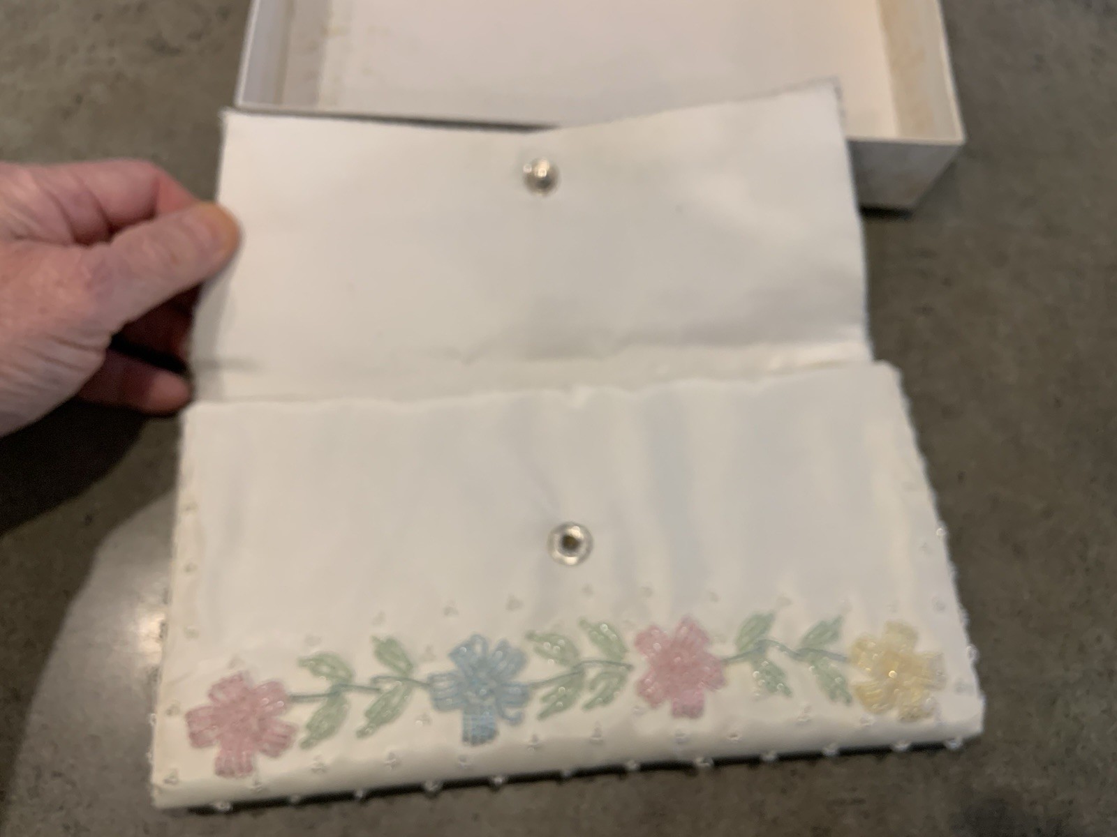 Vintage Hand Beaded Floral Envelope Clutch Handmade Hong Kong W/Compact