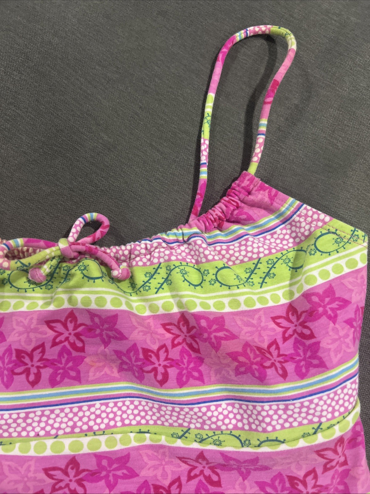 Vintage Sand N Sun Floral Tropical Pink Green Blue Bikini Top Tankini Crop L Y2K