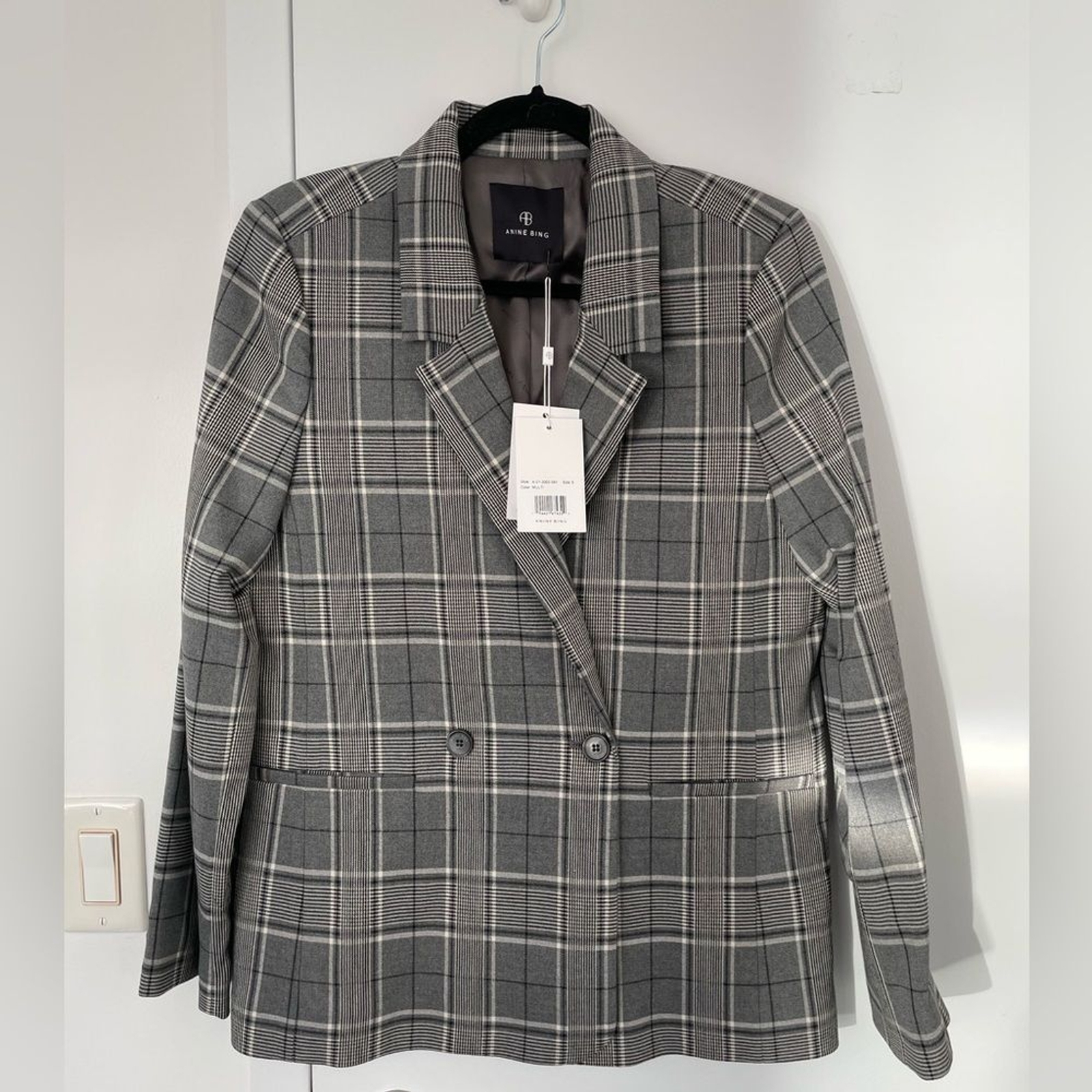 Anine Bing Madeleine Blazer in grey plaid NWT