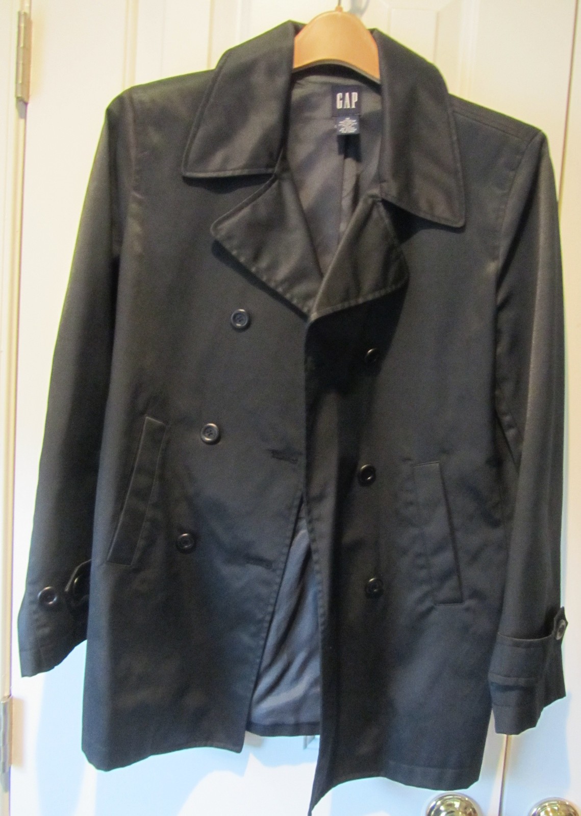 Gap Womens Trench Coat Medium Black Double Breasted Classic Jacket with Pockets