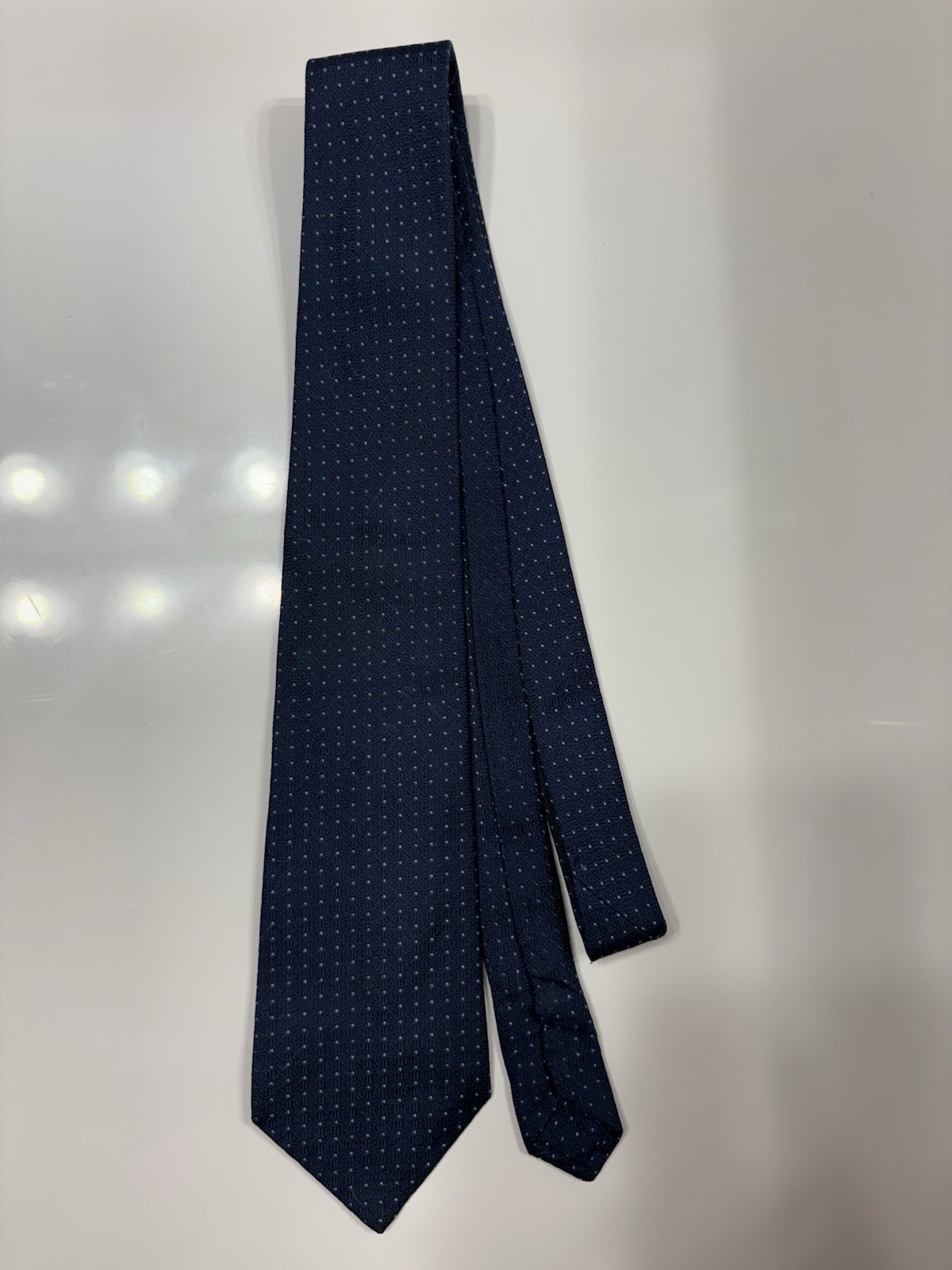 Prada Milano Men’s Tie Silk Jacquard Polka Dot Navy/White Pointed Logo