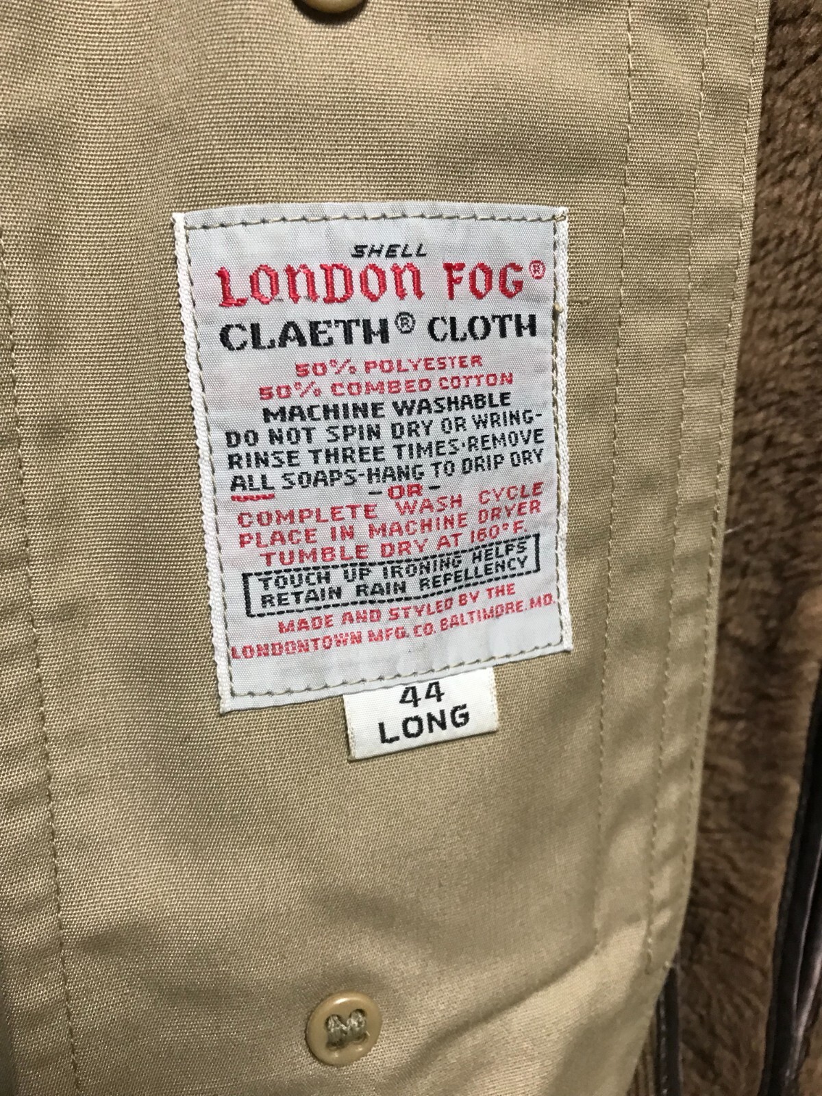 Maincoat London Fog Men’s 44 Long Beige Claeth Cloth Coat Removable Lining