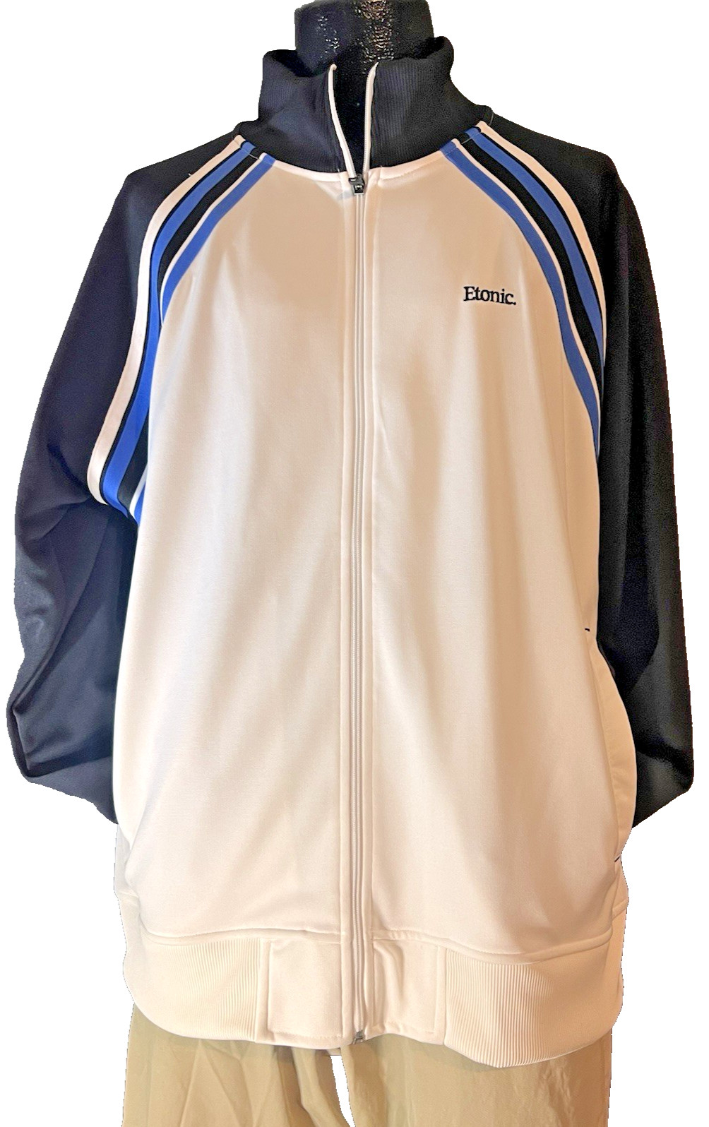 Etonic Track Jacket Mens XXL White Black Blue Stripe Zip Front Athletic Top