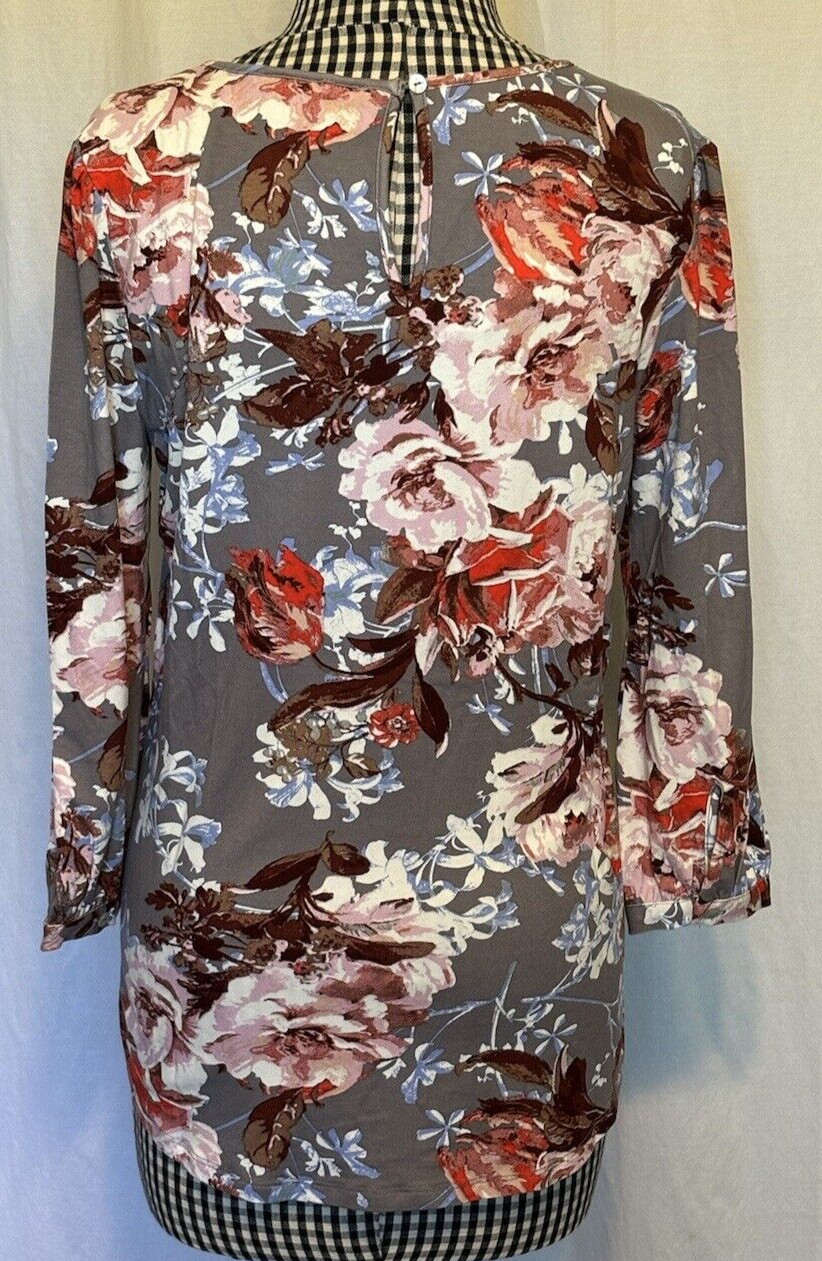 NEW Anthropologie Daniel Rainn Size Small Gray Floral Tunic 3/4 Sleeve Blouse