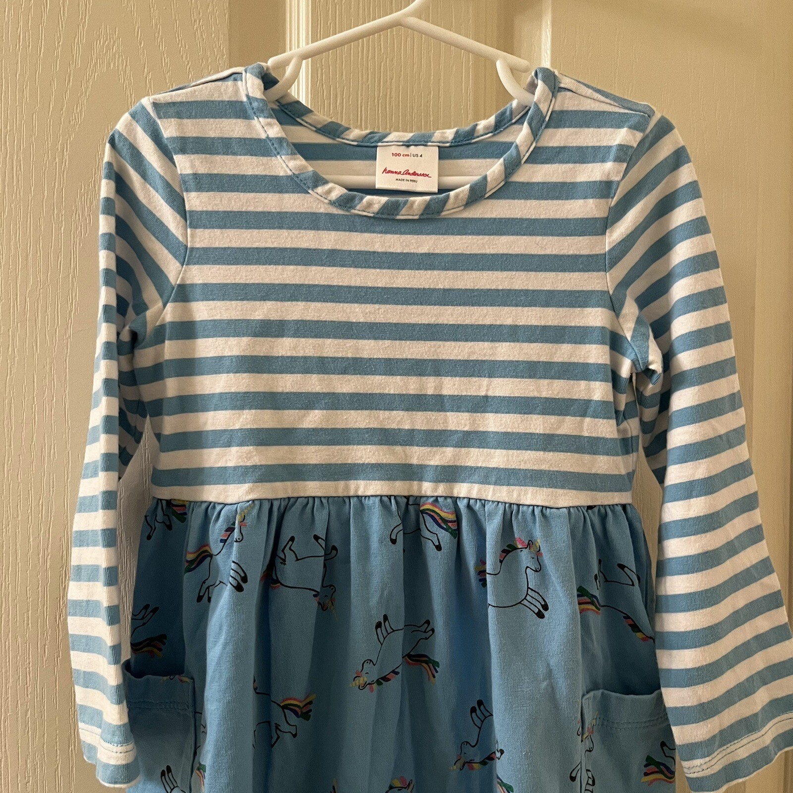 Hanna Andersson Mixie Playdress Dress Blue Striped Unicorn Pockets Size 100 US 4