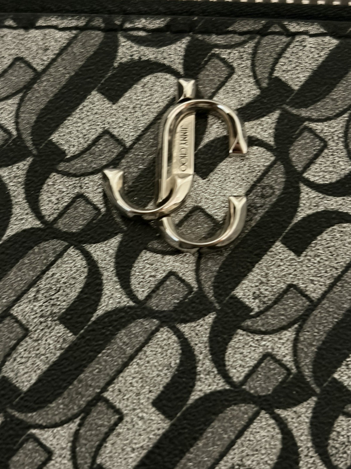 Authentic Jimmy Choo Silver Black Glitter Clutch Pouch Leather Trim Handstrap