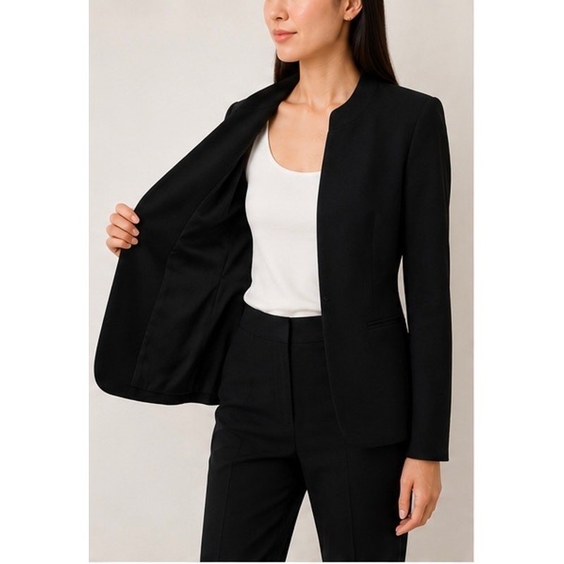 Theory Black Virgin Wool Open Front Collarless Blazer Jacket Size 2