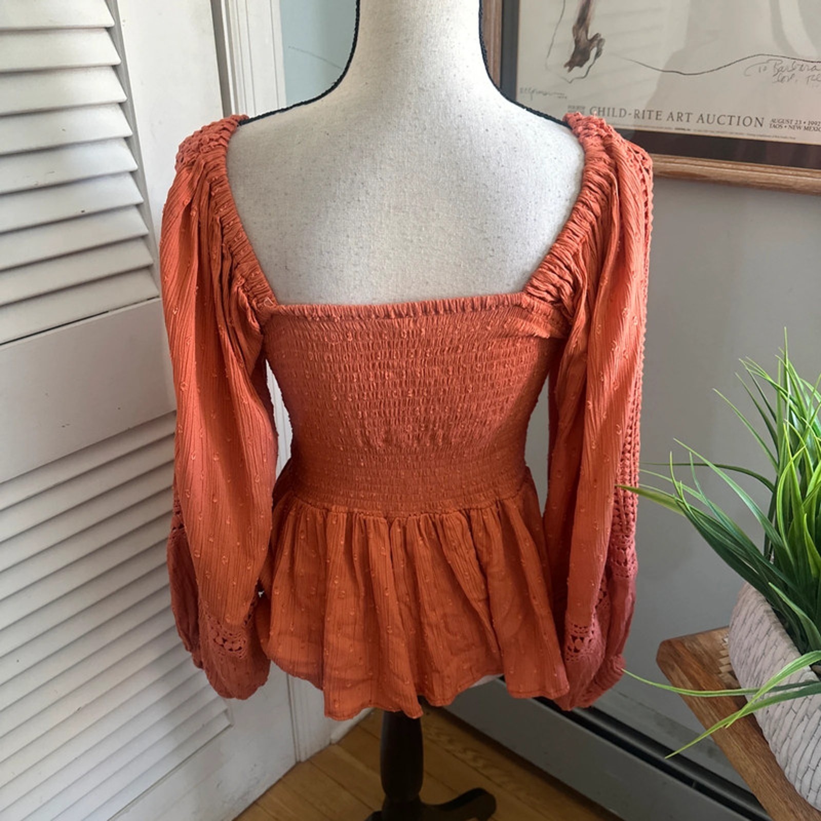 Vintage Nostalgia Top Medium Rust Orange Smocked MilkmaidRetro Y2K Boho