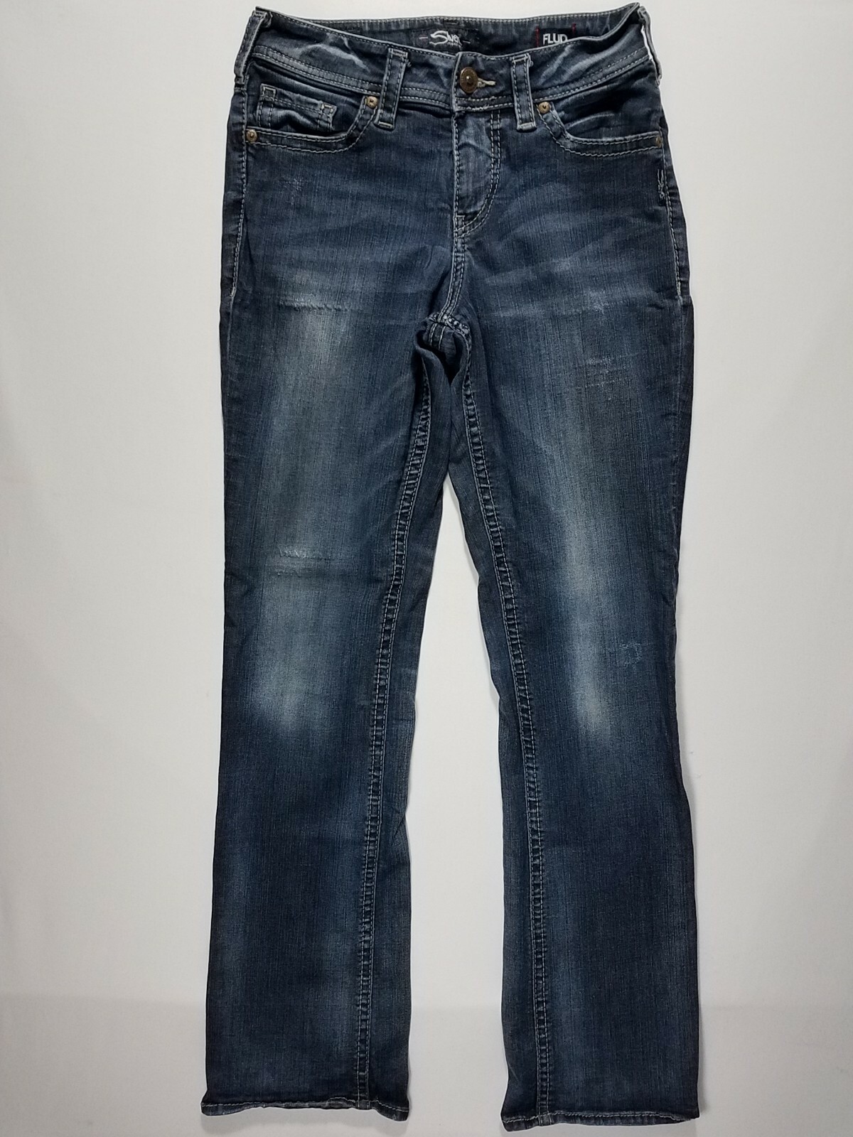 Silver 28 x 32 HIGH SLIM BOOT Fluid Women’s Dark Wash Distressed Denim Jeans