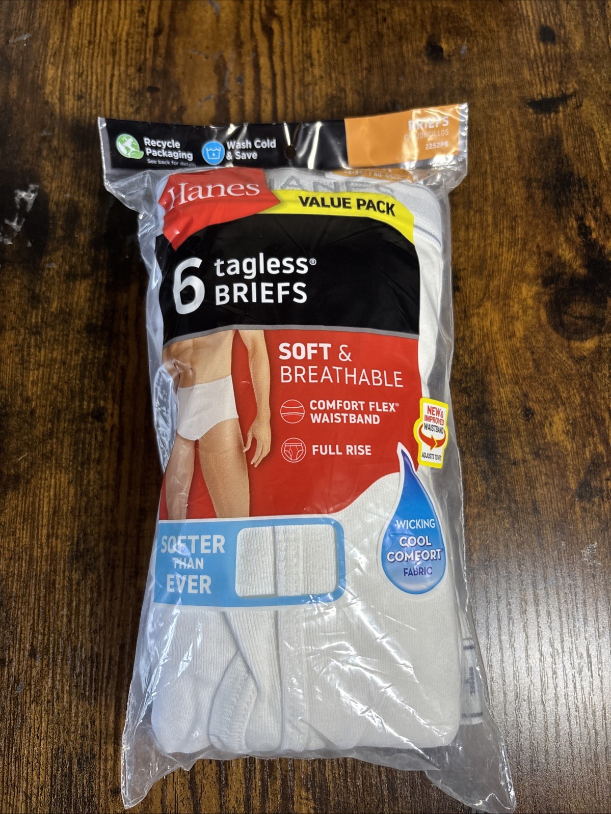 6 Pk Hanes White Cotton Tagless Full Rise Briefs Men’s Medium 32-34”