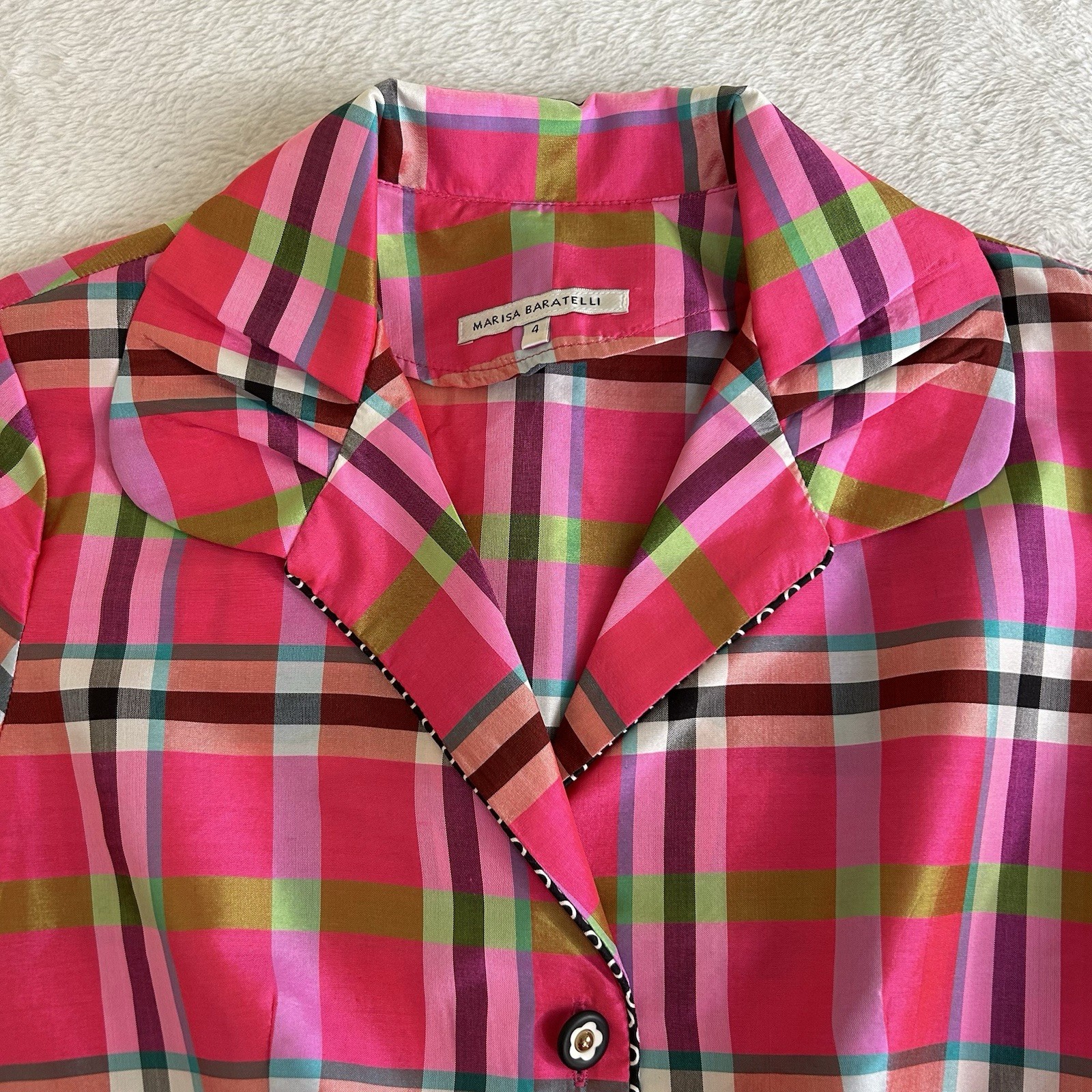 Marisa Baratelli Womens Blouse Size 4 Pink Plaid Button Up Collar 100% Thai Silk