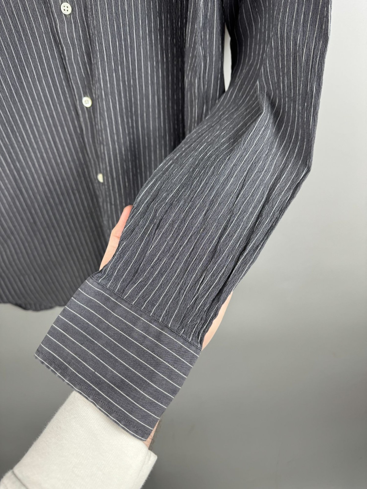 Men’s Giampaolo Gray Cotton Blend Seersucker Long Sleeve Shirt Neck Size 17 in